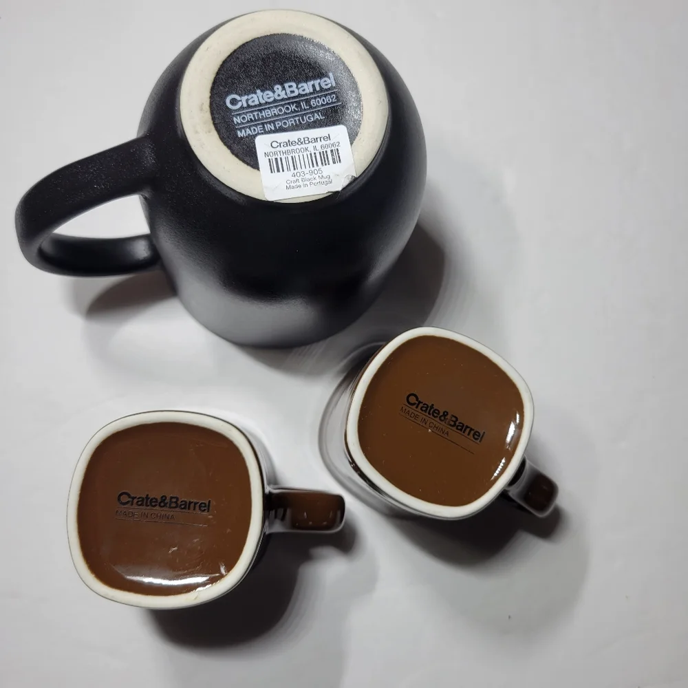 Crate&Barrel Black Stoneware Mug and Pair of Chocolate Espresso Cups
